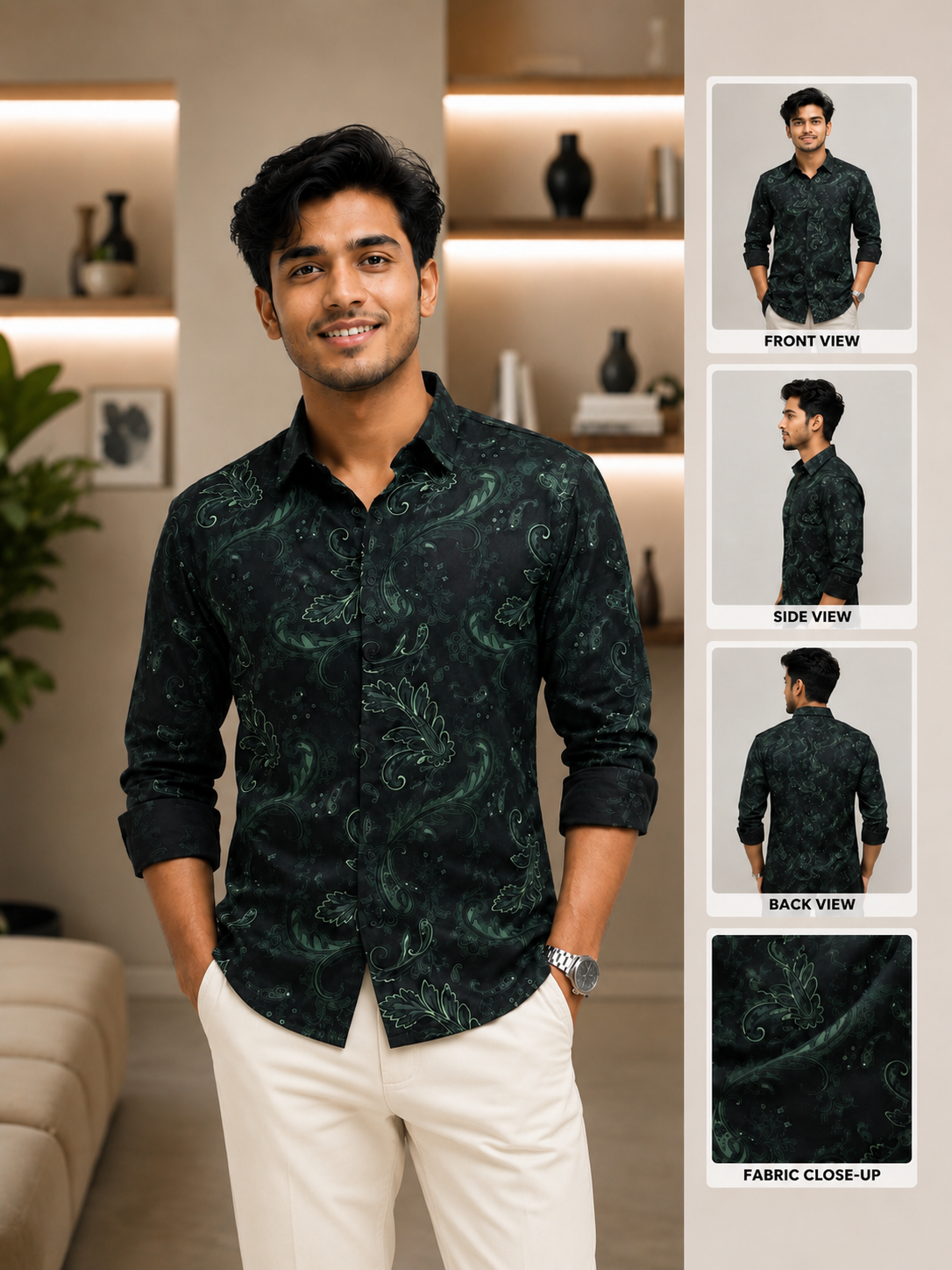 Micro Spandex Printed Full Sleeve Shirt [Olive Green]
